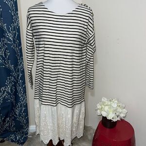 Soft Surroundings Nautical Left Bank Drop Waist Striped Dress Lace Trim sz S